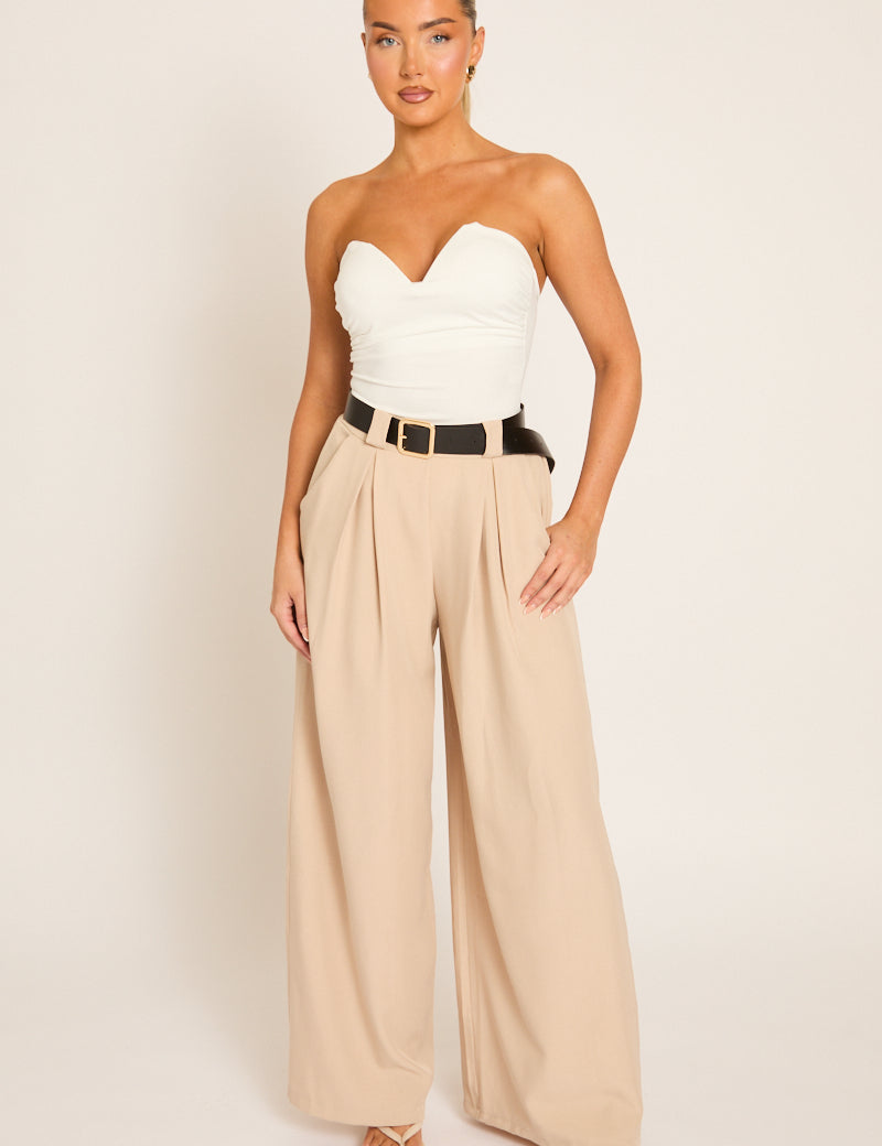 Beige Broek met Tailleceintuur en Plooidetails - Melly