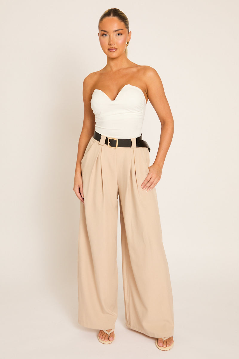 Beige Broek met Tailleceintuur en Plooidetails - Melly