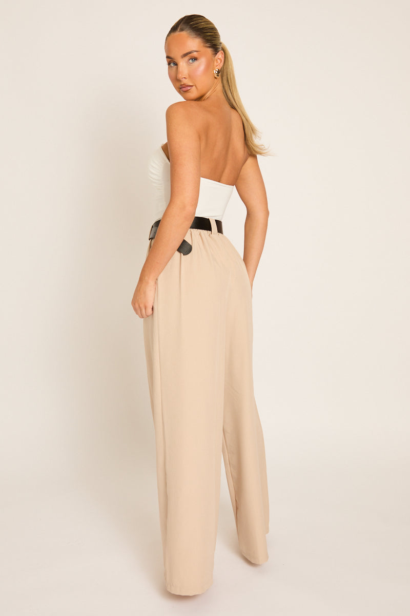 Beige Broek met Tailleceintuur en Plooidetails - Melly