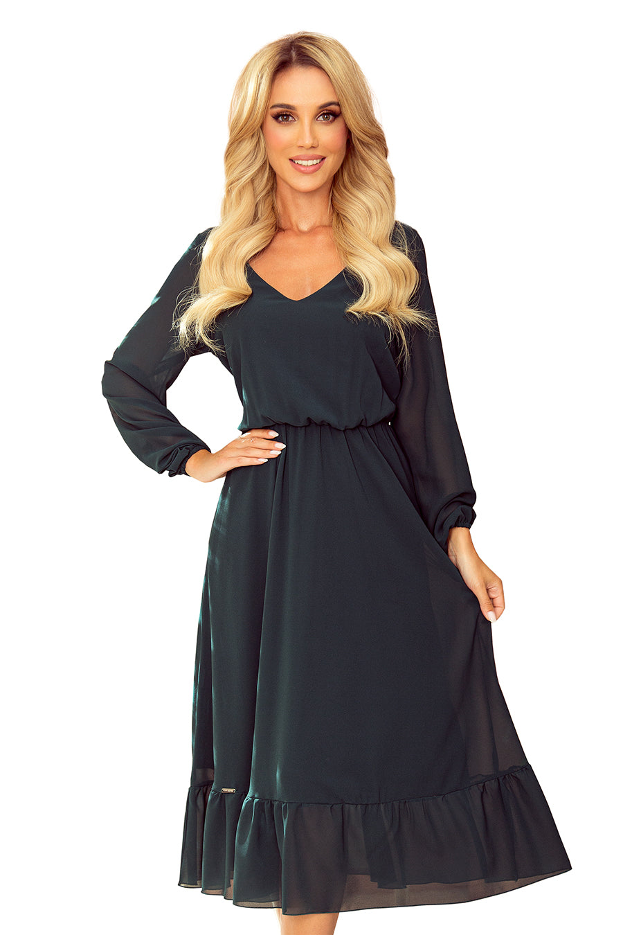 Numoco 304-2 Chiffon midi dress with a neckline and frill - grün-7