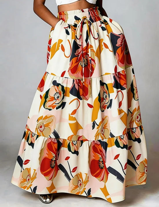 Lose Elegante Bloemenrok - Creme Bloemenprint