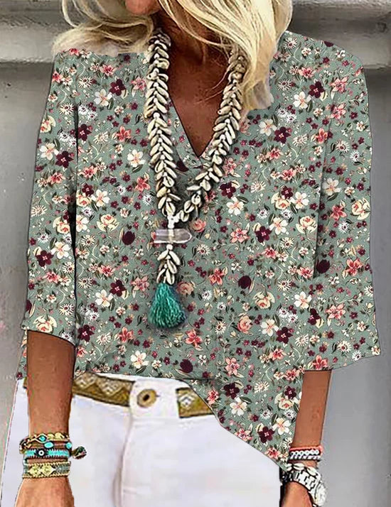 Bloemen V-hals Blouse Loose Fit | Grote Maten