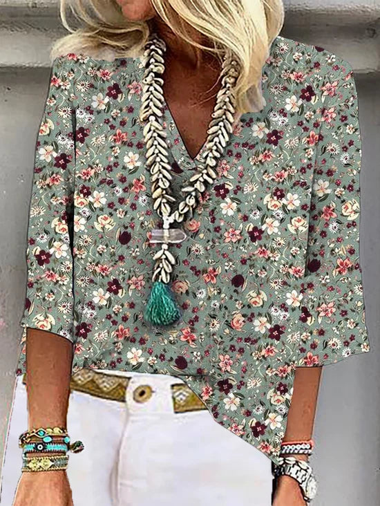 Bloemen V-hals Blouse Loose Fit | Grote Maten