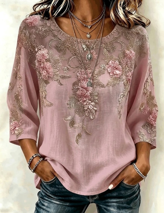 Blouse met ronde hals, driekwart mouw en 3D-print – Regular