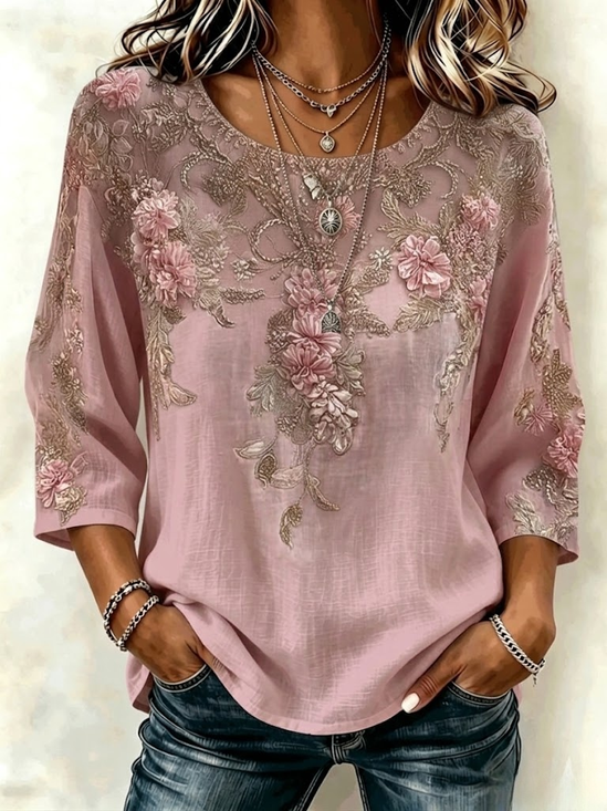 Blouse met ronde hals, driekwart mouw en 3D-print – Regular