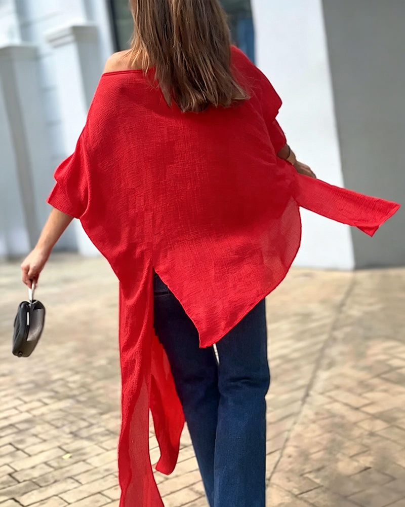 Women's Skew Neck Batwing Sleeve Tee Asymmetric Loose Cape Blouse Slit Elegant T