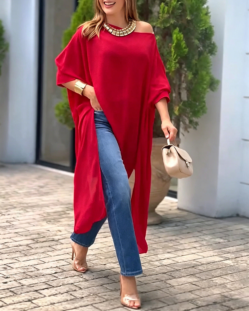 Women's Skew Neck Batwing Sleeve Tee Asymmetric Loose Cape Blouse Slit Elegant T