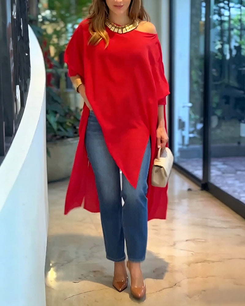Asymmetrische Cape Blouse met Schuine Hals en Vleermuismouwe