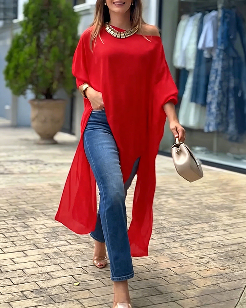Asymmetrische Cape Blouse met Schuine Hals en Vleermuismouwe