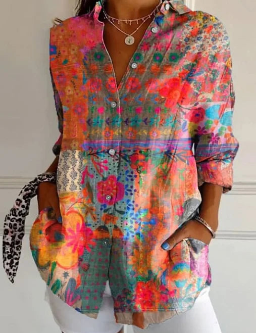Vintage Bloemprint Blouse met Boordkraag