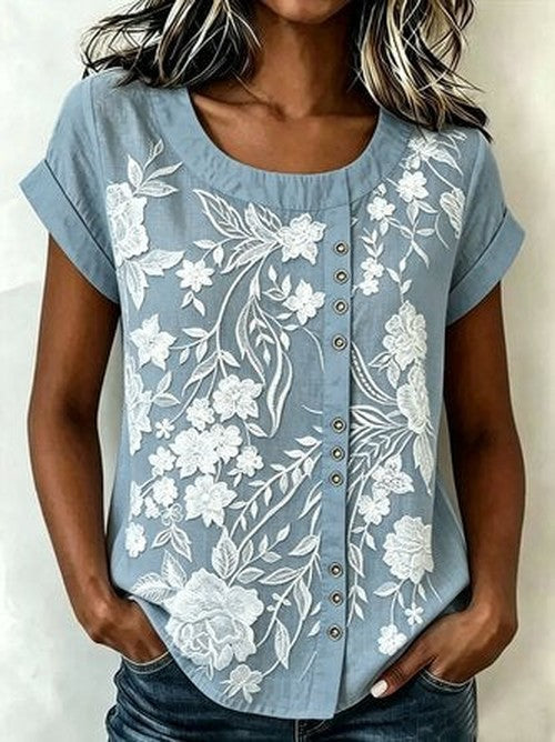 Linnen Mix Shirt met 3D Print - Comfortabel Casual Topje