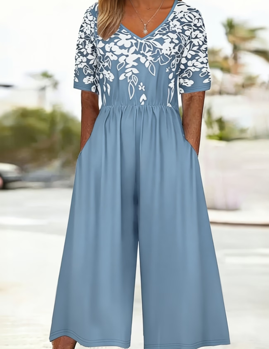Floral V-hals jumpsuit met korte mouwen voor zomer