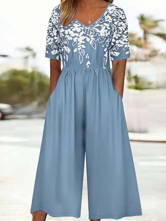 Floral V-hals jumpsuit met korte mouwen voor zomer
