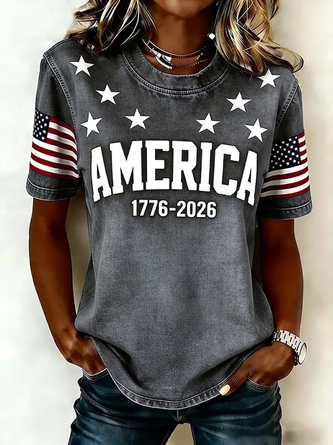 Casual T-shirt met Amerikaanse Vlag Print Ronde Hals