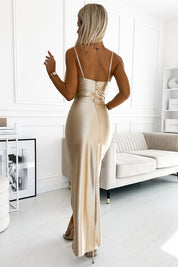 Numoco 483-2 DIANE satin long dress with a leg slit - beige-2