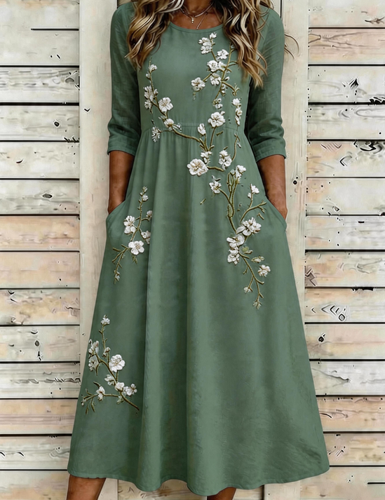 Groene Bloemen Boho A-lijn Midi Jurk met Korte Mouwen