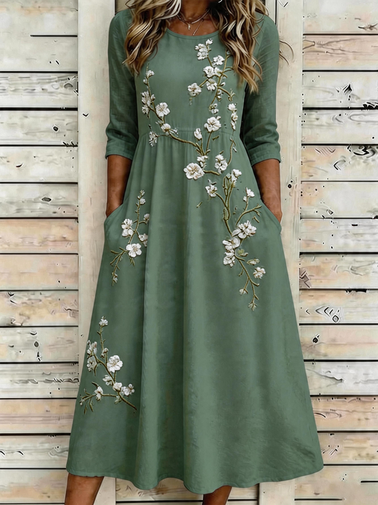 Groene Bloemen Boho A-lijn Midi Jurk met Korte Mouwen