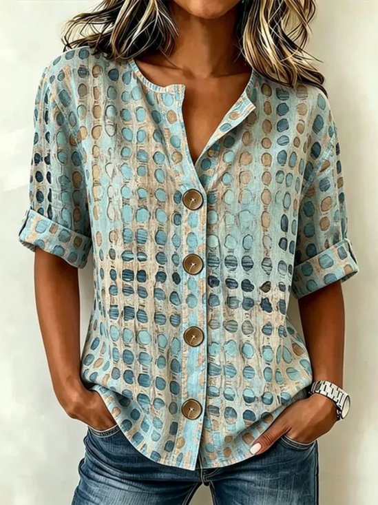 Blouse Opstaande Kraag Driekwart Mouw Geometrisch Print