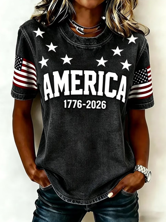 Casual T-shirt met Amerikaanse Vlag Print Ronde Hals