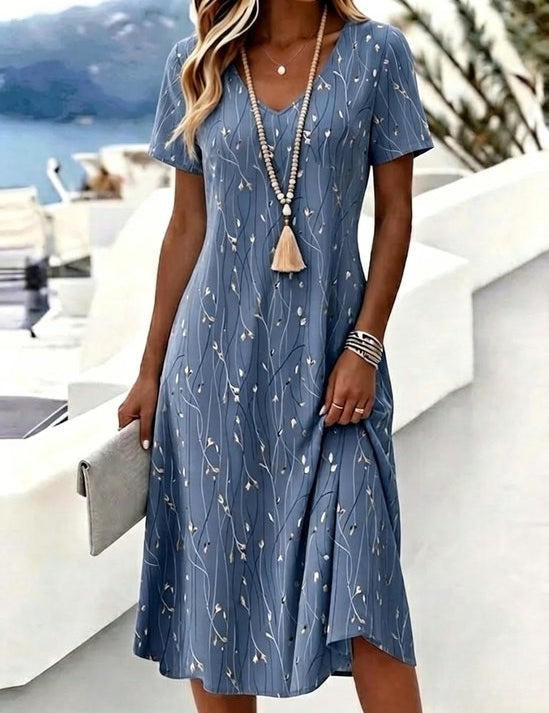 Blauwe Midi Jurk met Takpatroon en V-Hals