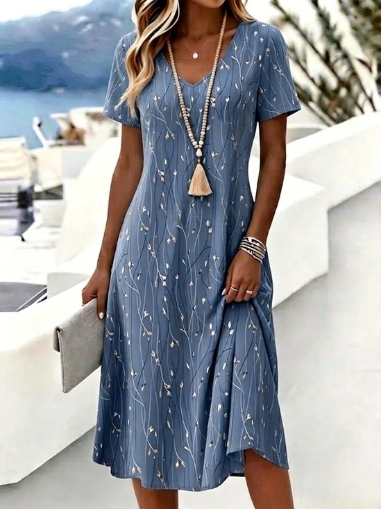 Blauwe Midi Jurk met Takpatroon en V-Hals