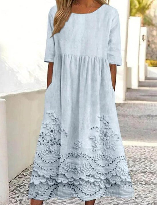 3D Print Maxi Jurk met Halflange Mouwen - Vintage Comfort