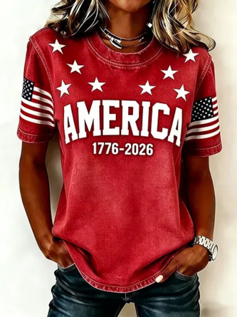 Casual T-shirt met Amerikaanse Vlag Print Ronde Hals