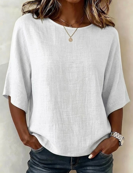 Witte Blouse met Halve Mouw en Subtiele Print | Dagelijks &