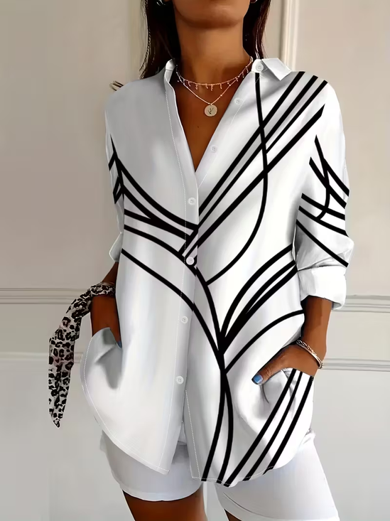 Witte blouse met abstract patroon en kraag - klassiek elegan