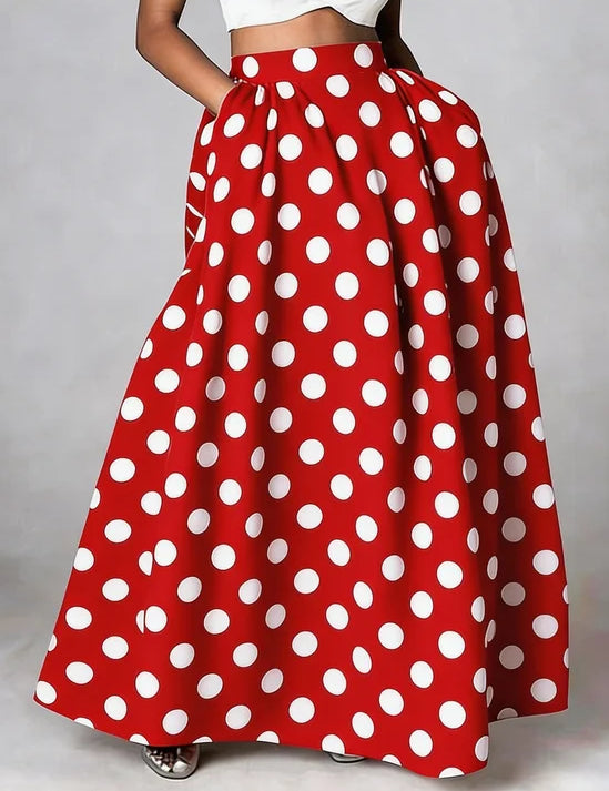 Vintage Maxi Rok met Polkadot Print - Hoge Taille