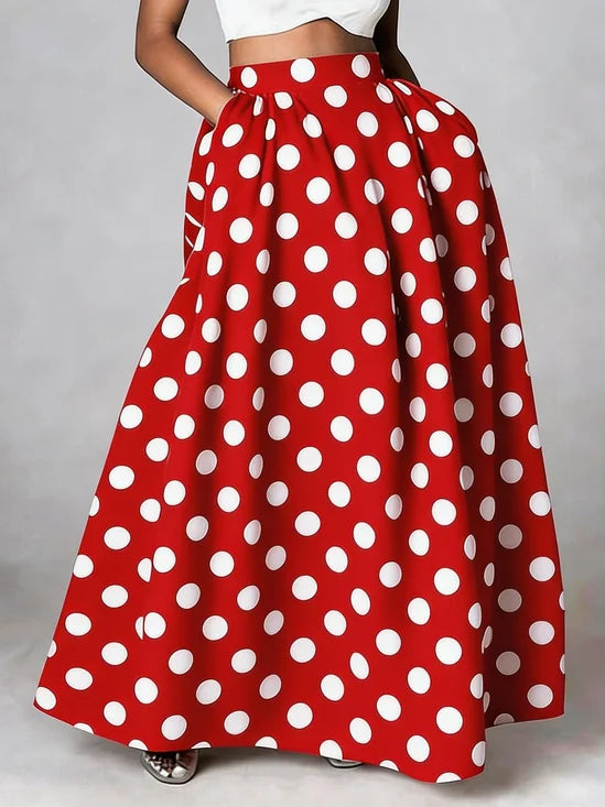 Vintage Maxi Rok met Polkadot Print - Hoge Taille