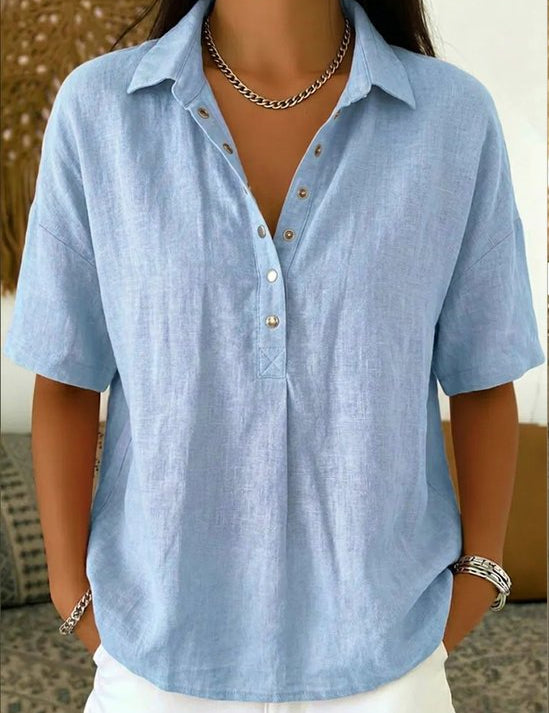 Lichtblauwe Linen Henley Blouse - Korte Mouw Casual Fit