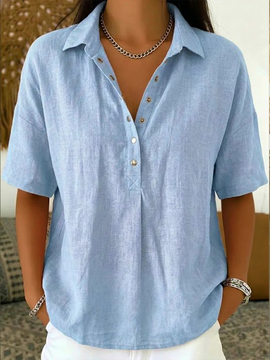 Lichtblauwe Linen Henley Blouse - Korte Mouw Casual Fit