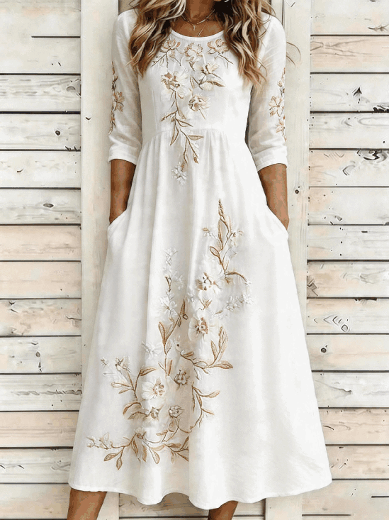Witte Maxi Jurk met Bloemenprint en Korte Mouwen