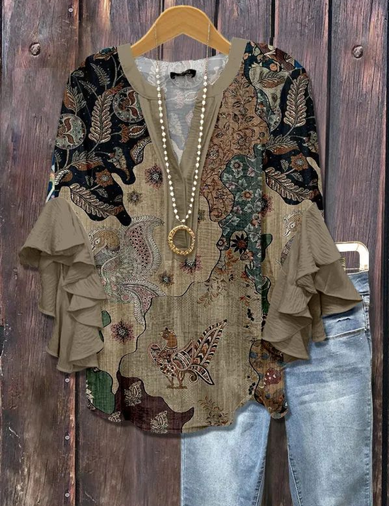 Blouse met korte mouw, V-hals, zomerprint bruin florale