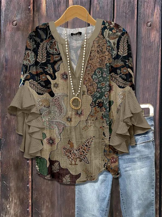 Blouse met korte mouw, V-hals, zomerprint bruin florale