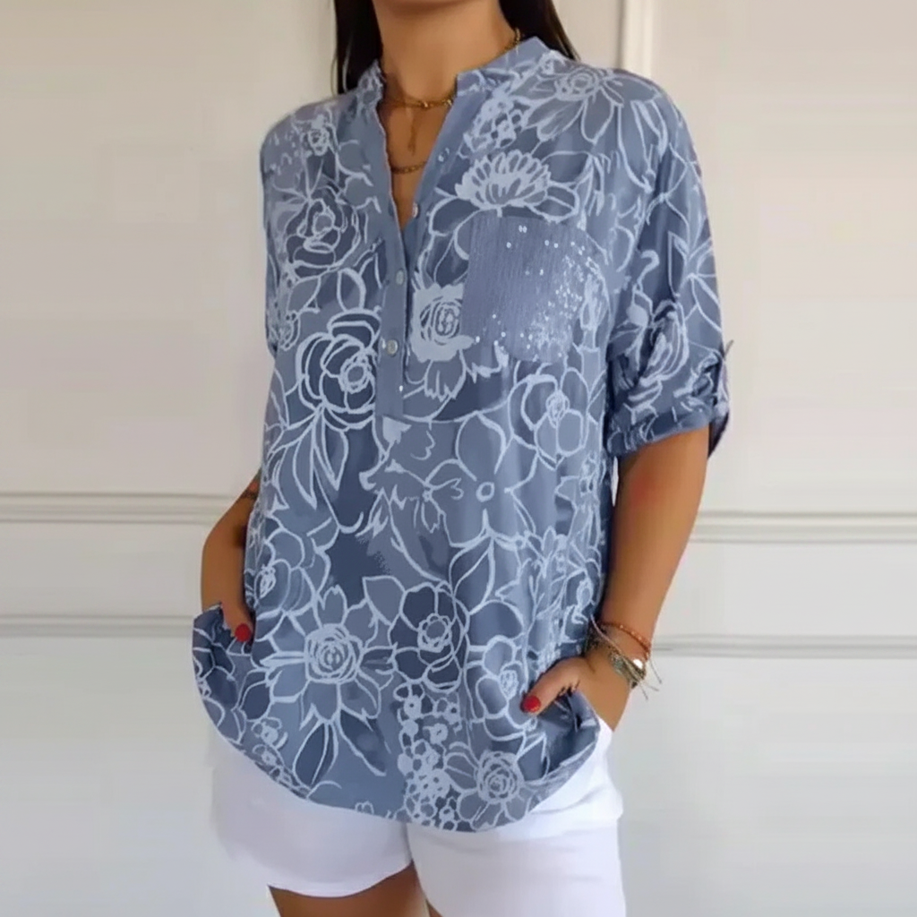 Amara | Blouse Dames - Bloemenprint Pailletten Lichtblauw