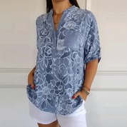 Amara | Blouse Dames - Bloemenprint Pailletten Lichtblauw