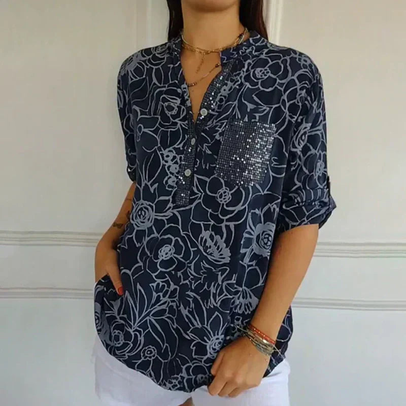 Amara | Blouse Dames - Bloemenprint Pailletten Donkerblauw