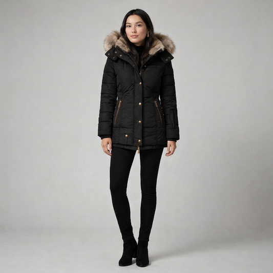 Aniek Dames Winterjas met Bontvoering – Warme Getailleerde Jas met Capuchon