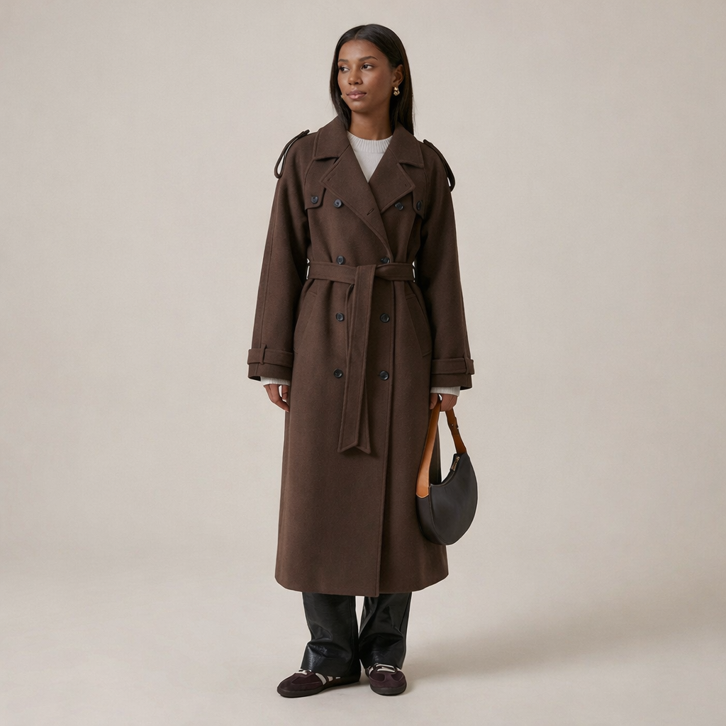 Grace Dames Winterjas – Luxe Wol Trenchcoat met Ceintuur en Double-Breasted Design