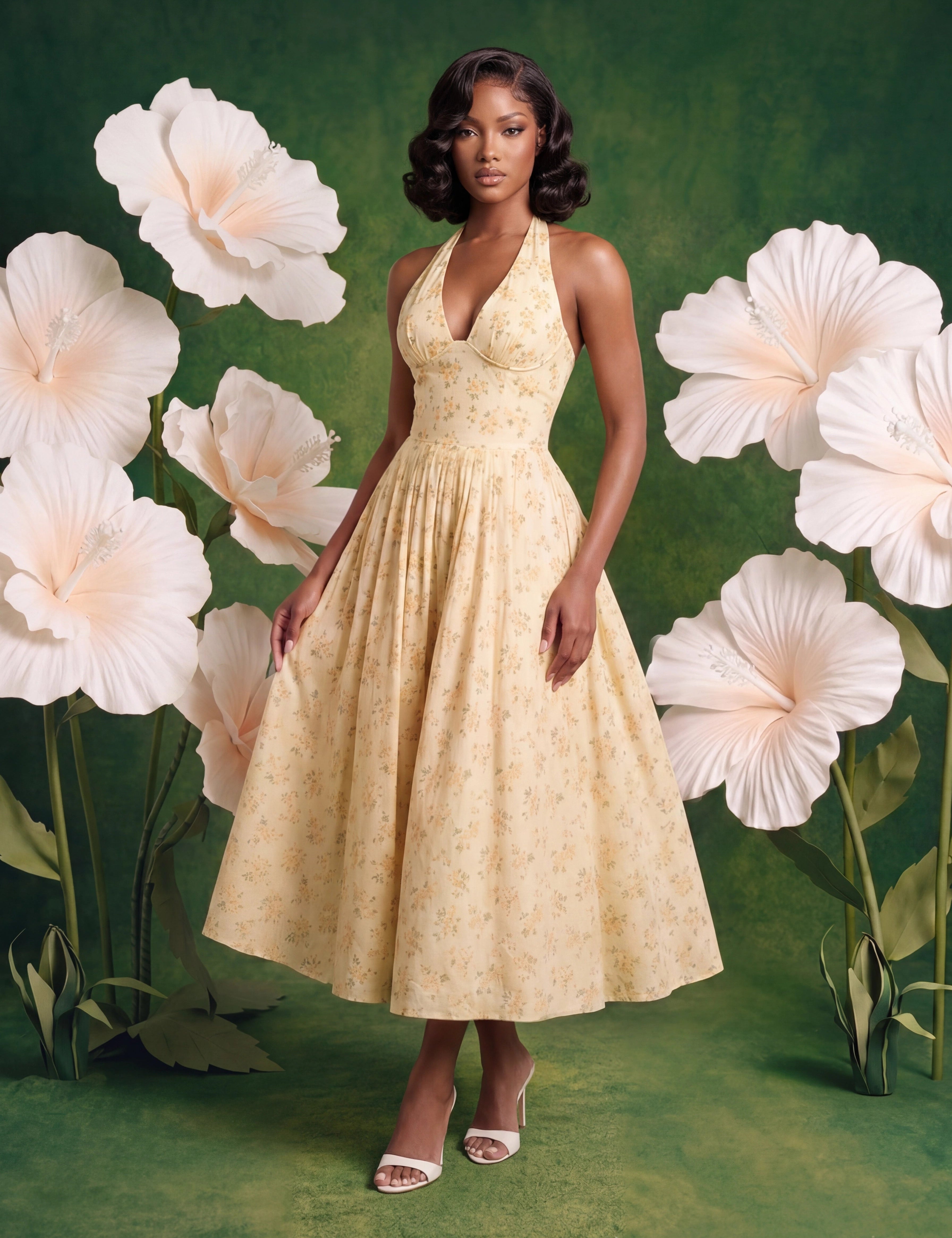 Rosalie Corset Halter Jurk in Geel