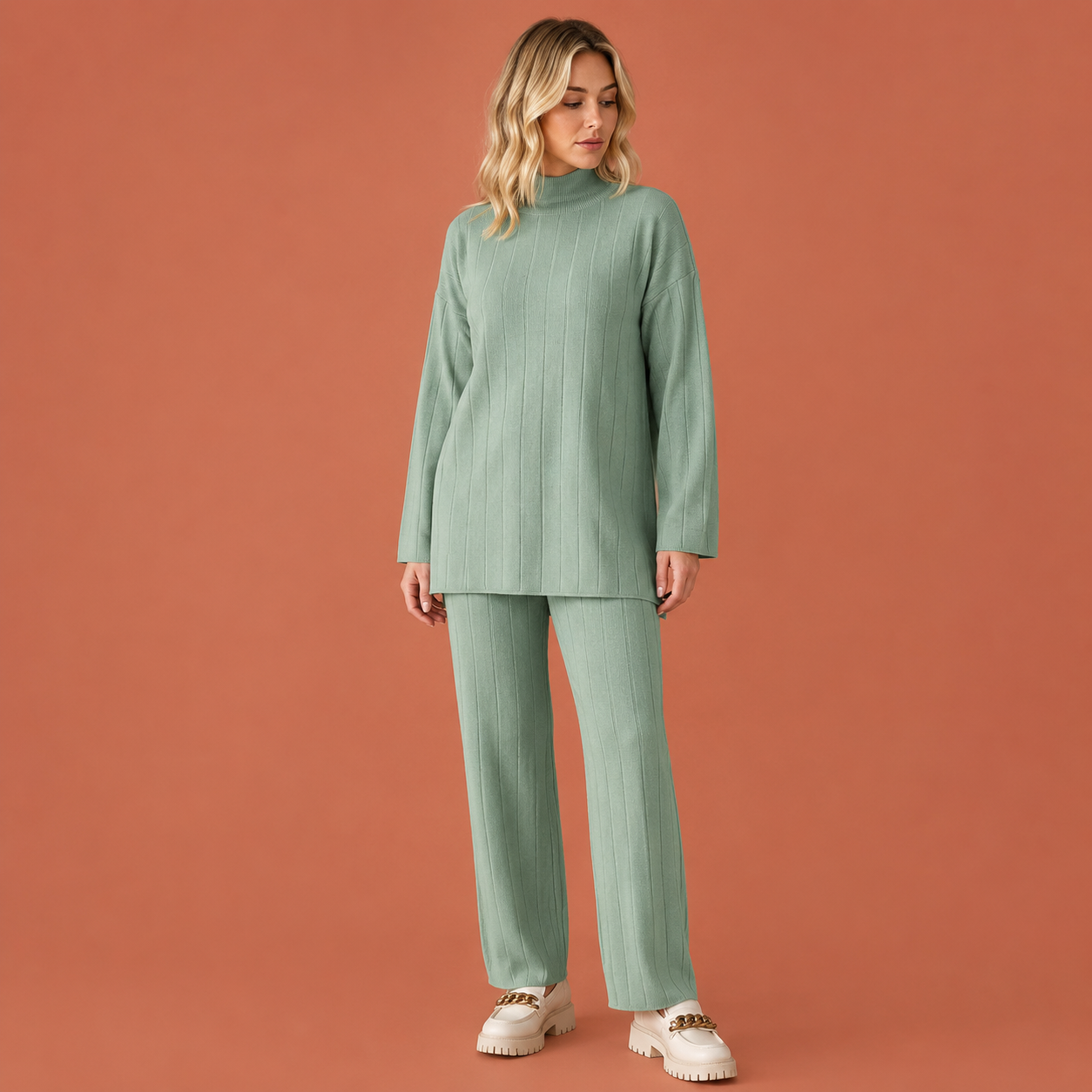 Dames set in groen met minimalistisch design, zacht en comfortabel voor casual en stijlvolle outfits.