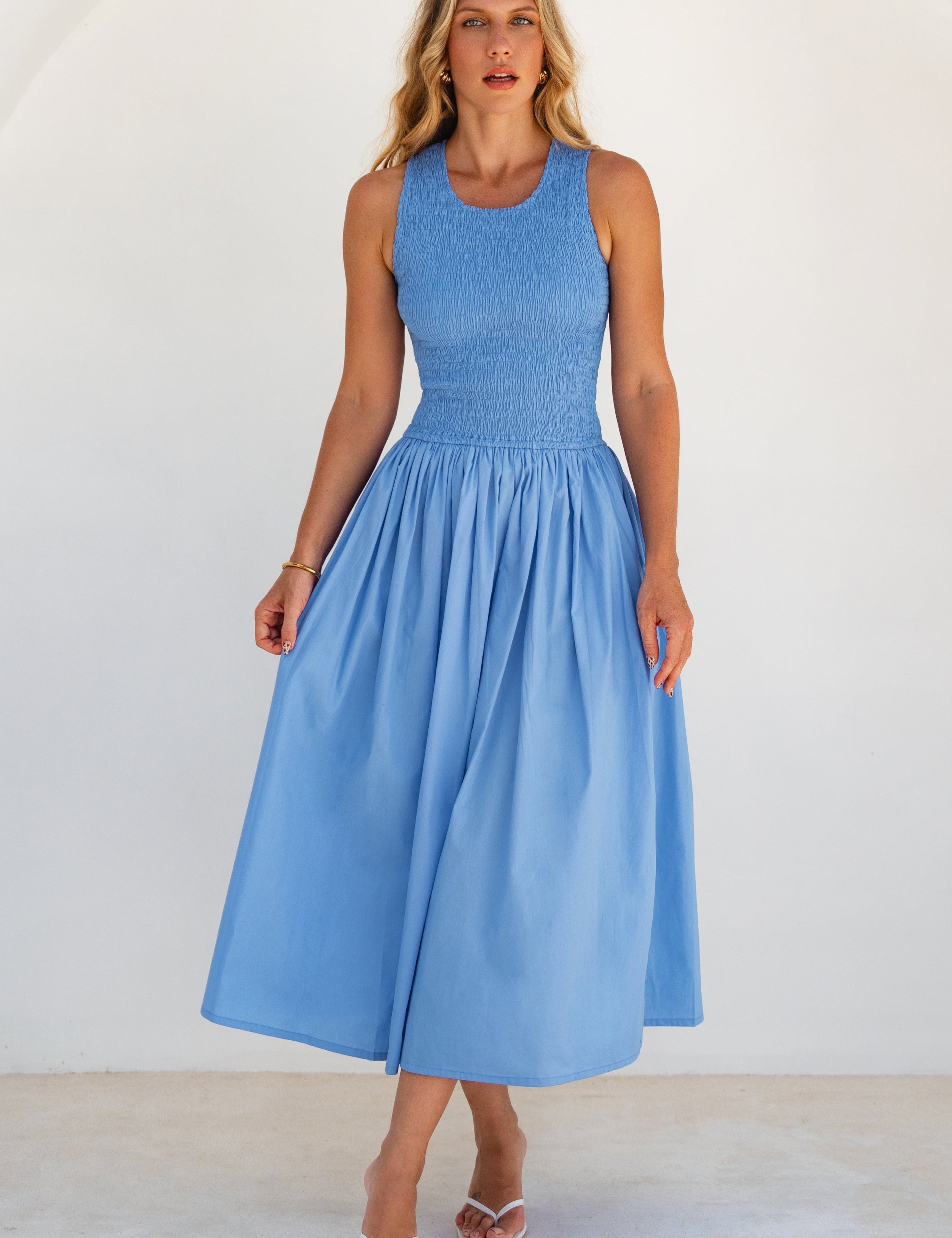 Mila pastel cotton midi jurk in Aegean - alledaagse zomer