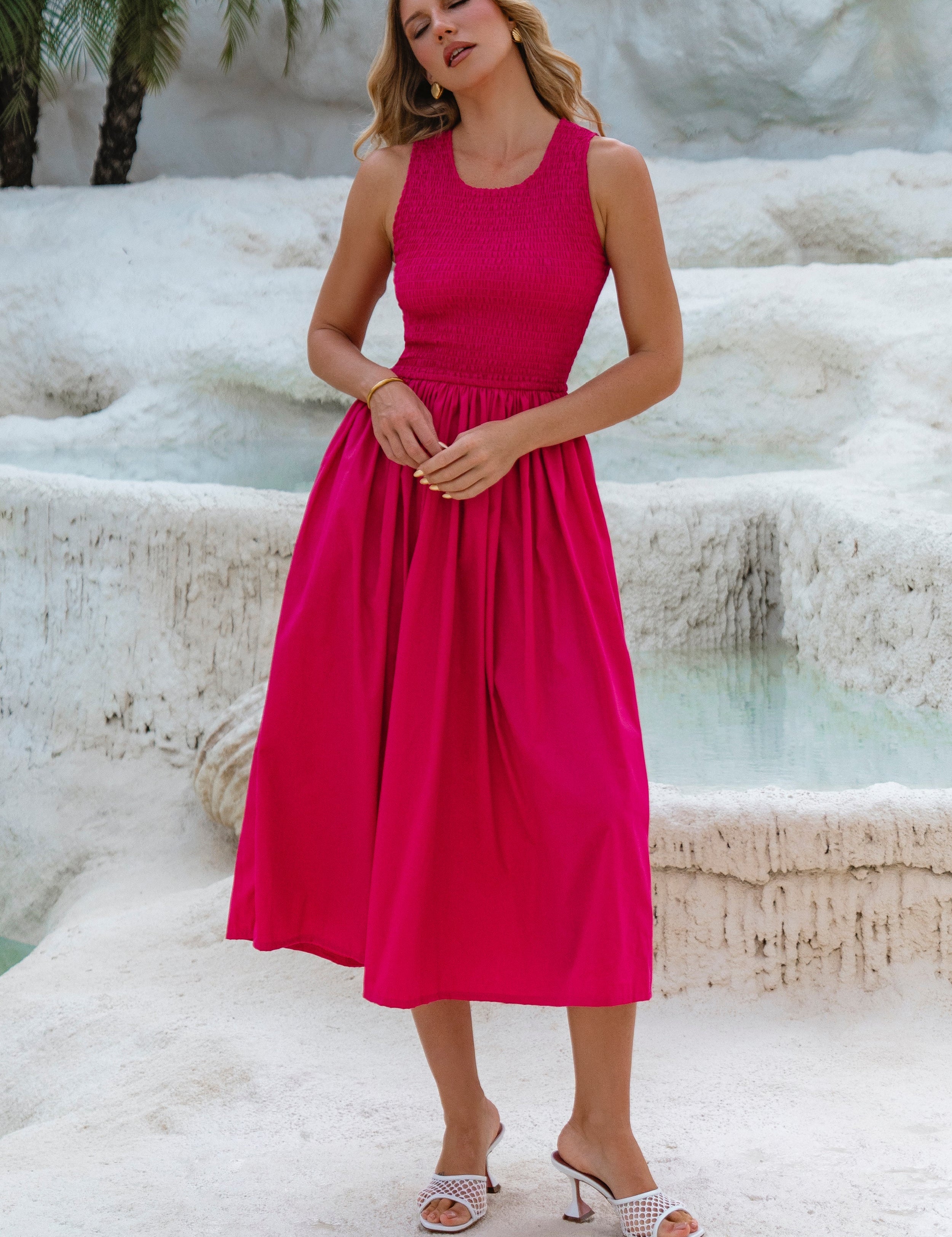 Mila pastel cotton midi jurk in Fuchsia - alledaagse zomer