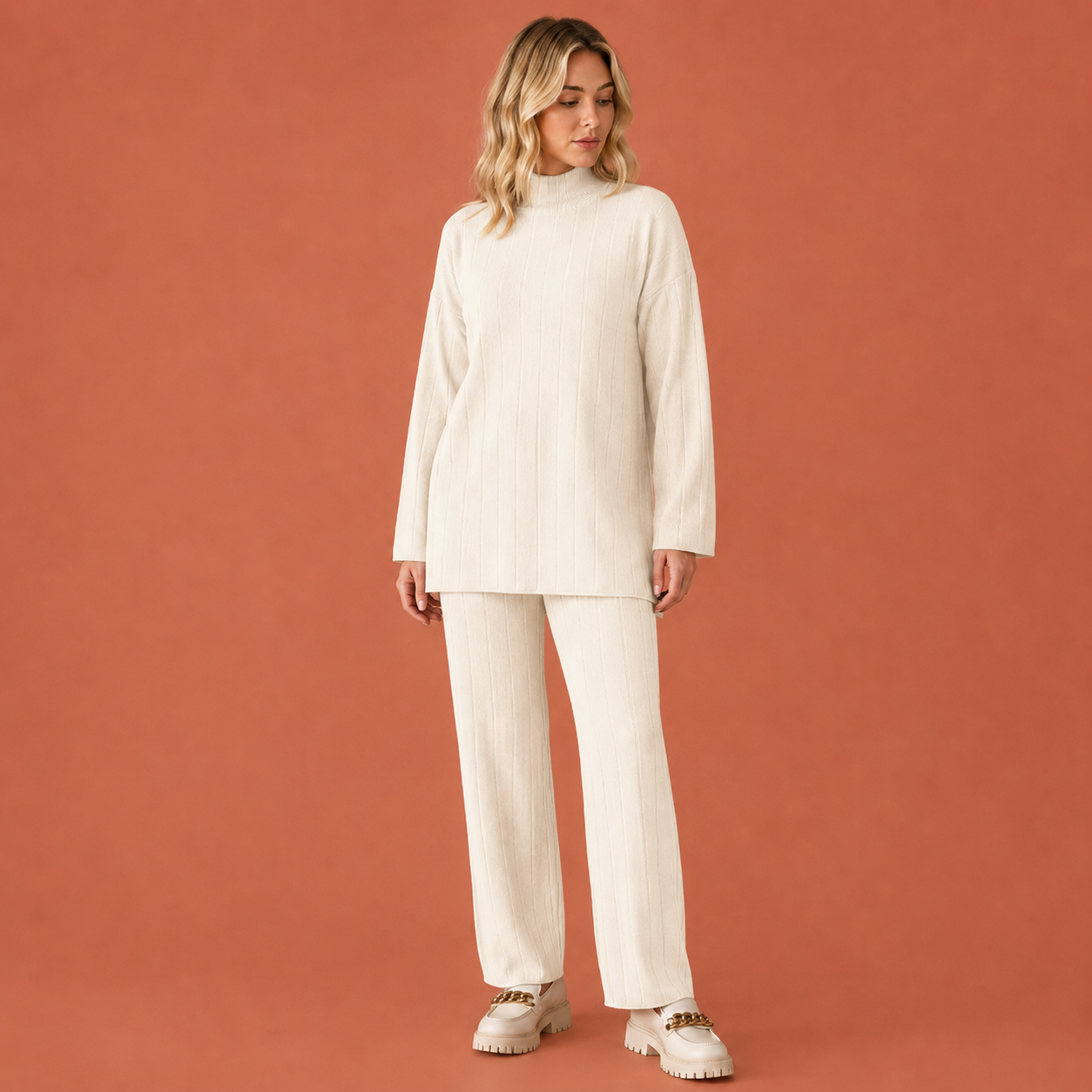Dames set in wit met minimalistisch design, zacht en comfortabel voor casual en stijlvolle outfits.