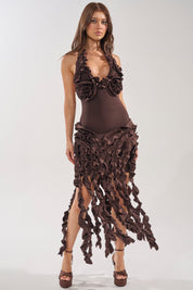 Flocked Maxi Jurk Chocoladebruin | Avond & Feest