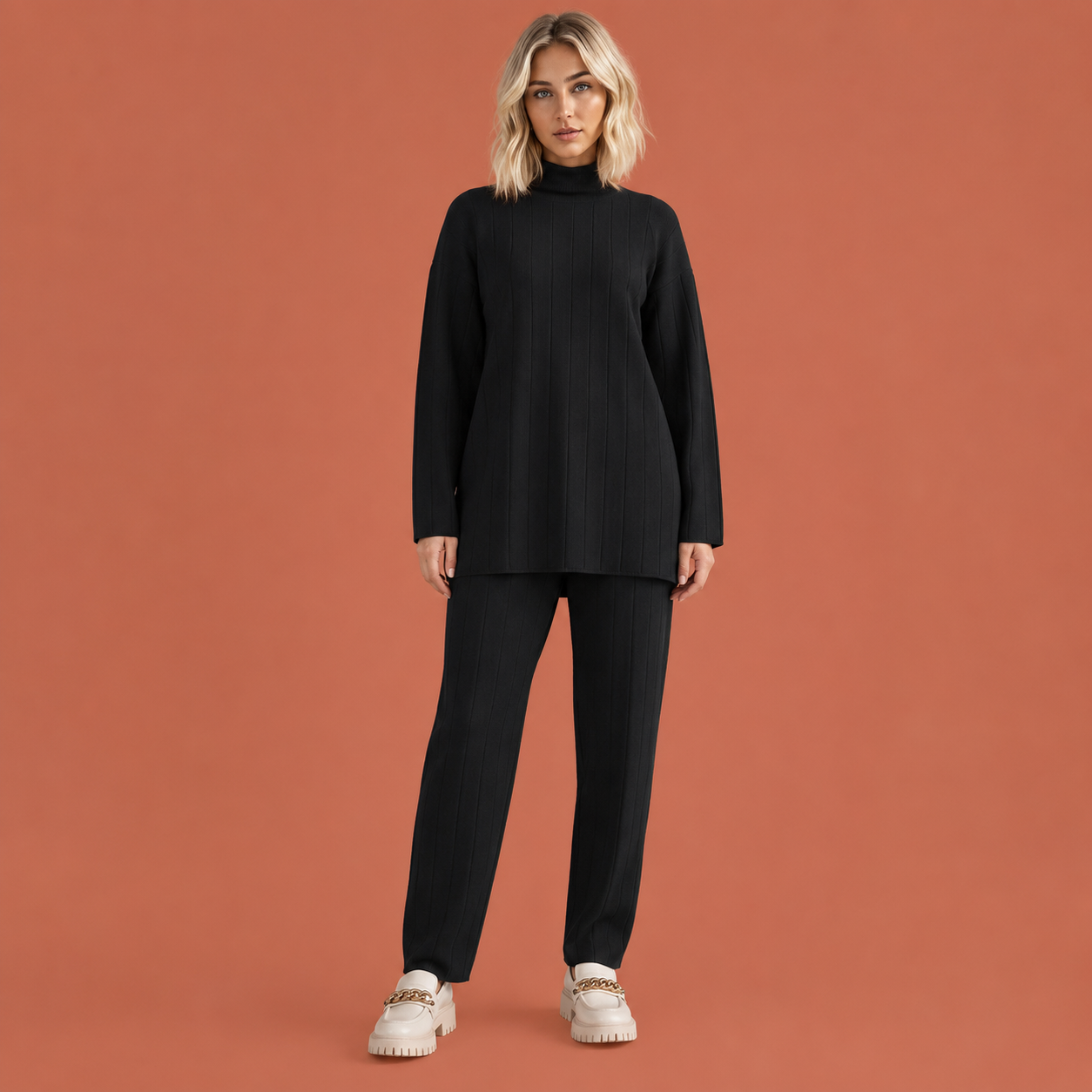 Dames set in zwart met minimalistisch design, zacht en comfortabel voor casual en stijlvolle outfits.