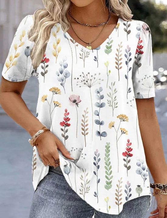 Losvallend Bloemen V-hals Shirt Plus Size | Sera & Zena