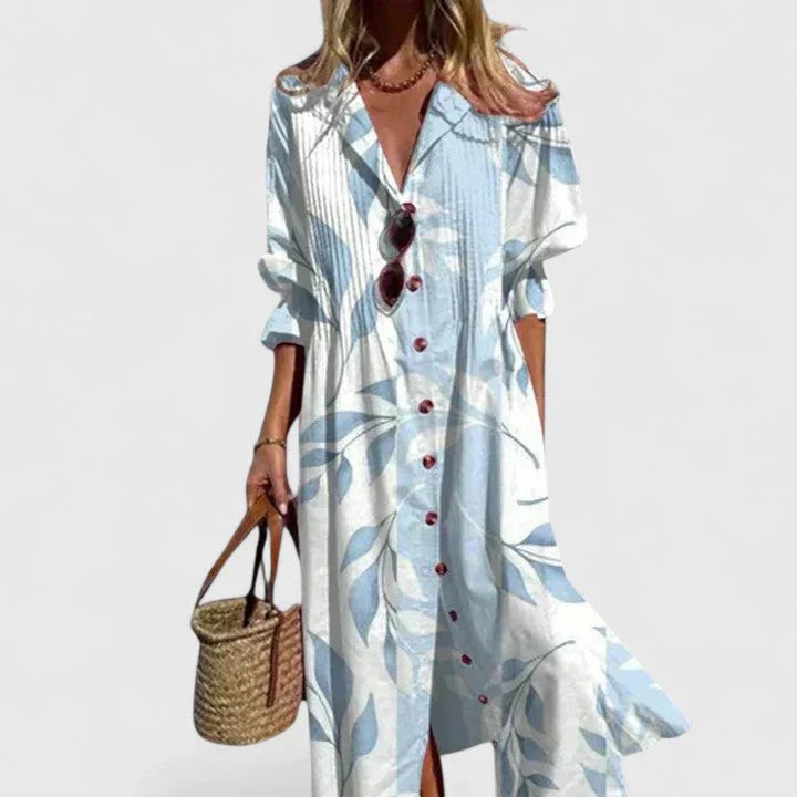 Bloemen midi jurk met knoopsluiting en losvallende pasvorm in lichtblauwe bloemenprint voor zomerse dagen